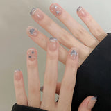 Qfdian  10Pcs Sweet Heart Nail Glitter Diamond Fake Nails Cute French Short Square Press on Nails Cat Eye Pearl Fake Nails Nude Natural