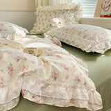 Qfdian Princess Style Lace Ruffles 100% Cotton Bedding Set Floral Pastoral Style Duvet Cover Flat/Fitted Bed Sheet Pillowcases 3/4Pcs