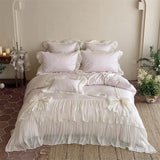 Qfdian  4Pcs Pink Ruffle Bow Lace Princess Wedding Bedding Set Lyocell Cotton Jacquard Duvet Cover Silky Soft Bed Linens Queen King Size