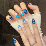 Qfdian  10Pcs Short Oval Handmade Fake Nails with Star-fish Pearl Decor Glossy Blue Theme Press On Nails Wearable False Nail Tips