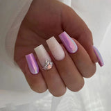 Qfdian 24Pcs Pure White French Press on Nails Long Square Head False Nails with Pearl Pink Bow Design Ballet Wearable Fake Nails