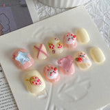 Qfdian  Handmade Fake Nails Pink Strawberry Cute Rabbit Diamond Designed Short Round Press on Nails for Women Girls Daily DIY Manicure
