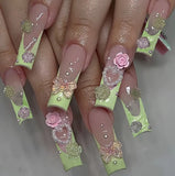 Qfdian  24Pcs Long Coffin False Nails Pink French Flowers Design Fake Nail with Butterfly Rhinestone Wearable Ballet Press on Nails