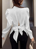 Qfdian  Korean Versatile Hollowed Out Lapel Women Shirt Top Elegant Slim Fitting Office Women's Back Bow Fluffy Sleeve Casual Shirt
