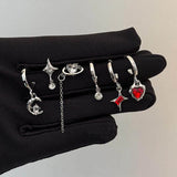 Qfdian  6PS Goth Trendy Red Crystal Star Moon Cross Tassel Pendant Earring Set For Women Men Vintage Punk Y2K Grunge Jewelry Accessories