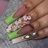 Qfdian  24Pcs Long Coffin False Nails Pink French Flowers Design Fake Nail with Butterfly Rhinestone Wearable Ballet Press on Nails