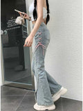 Qfdian  Korean Streetwear Casual Wide Leg Trousers Y2K Vintage High Waist Flare Jeans Women Fashion Bandage Slit Slim Denim Pants Summer