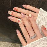 Qfdian  10pcs Sweet Short Oval Fake Nail Patches Hand-painted 3D Pink Strawberry Flower Press On Nails Spring Summer Fresh Handmade Nail