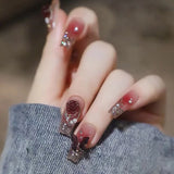 Qfdian 24Pcs Wearable Coffin Fake Nail Tips with Butterfly Camellia Designs Red Long Ballerina False Nails Press on Nails Art Manicure