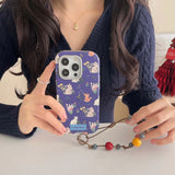 Qfdian Ins floral cat cute leather cover for iphone 15pro 16Pro 14promax 13promax 14 13 15 16 pro max colorful chain rope phone case