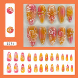 Qfdian  24pcs Gold Pink Flower Press On Nails Glossy Almond Autumn Wearable Fake Nails With Pearl Gold Ball Decor Ballet False Nail Tips