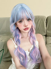 Qfdian 26Inch Fantasy Purple Mix Lolita Synthetic Wigs With Bang Long Natural Wavy Hair Wig For Women Cosplay Daily Use Heat Resistant