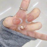 Qfdian 10Pcs Short Oval French Pink Blue Handmade Press on Nails Fake Nails With 3D Diamond Design Wearable Nail Tips Art