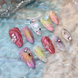 Qfdian  10pcs Handmade Press On Nails 3D Colorful Summer Sea Starfish Designs False Nail Patches For Women  Wearable Almond Fake Nails