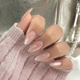 Qfdian 24pcs Simple Almond False Nails Sets Blush Design Press on Nails Art Datachable Short Oval Fake Nail with Jelly Glue Manicure
