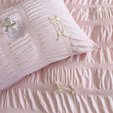 Qfdian  Korean Princess Style Pink Sweet Seersucker Bedding Set Soft Skin-friendly Duvet Cover Set Bed Sheet and Pillowcases 3/4pcs