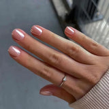 Qfdian 24Pcs Simple False Nails with Glue Short Almond Fake Nails Glitter Aurora Round Head Full Cover Nail Tips Oval Press on Nails
