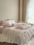 Qfdian French Lace Ruffles Princess Wedding Bedding Set Pure Cotton Double Layer Yarn Soft Duvet Cover Flat/Fitted Bed Sheet Pillowcase