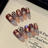 Qfdian 10pcs Luxury Handmade Long Oval False Nail Glitter Cat Eye French Press On Nails Shiny Rhinestone Decor Wearable Fake Nail