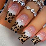 Qfdian 24pcs Mid-length French False Nails Leopard Print Gradient Design Fake Nail Ballet Datachable Press on Nails Finished Manicure