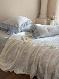 Qfdian French Lace Ruffles Princess Wedding Bedding Set Pure Cotton Double Layer Yarn Soft Duvet Cover Flat/Fitted Bed Sheet Pillowcase