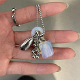 Qfdian Korean Colorful Stones Geometric Pendant Necklace for Women Simple Metal Grape Cluster Clavicle Chain Sweater Chain Jewelry Gift