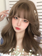 Qfdian 20Inch Honey Brown Lolita Synthetic Wigs with Bangs Long Natural Wavy Hair Wig for Women Daily Use Cosplay Drag Heat Resistant