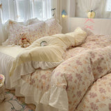 Qfdian  Floral print Korean style Princess Lace Bedding Set Duvet Cover Set Washed Cotton Flat Sheet set Queen For Girl Decor Home
