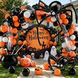 Qfdian  120Pcs Halloween DIY Spider Balloon Garland Arch Kit, Black Orange White Latex Balloons with Long Strip Balloons to Make Big Spi