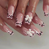 Qfdian  24Pcs Long Coffin False Nails Pink French Flowers Design Fake Nail with Butterfly Rhinestone Wearable Ballet Press on Nails