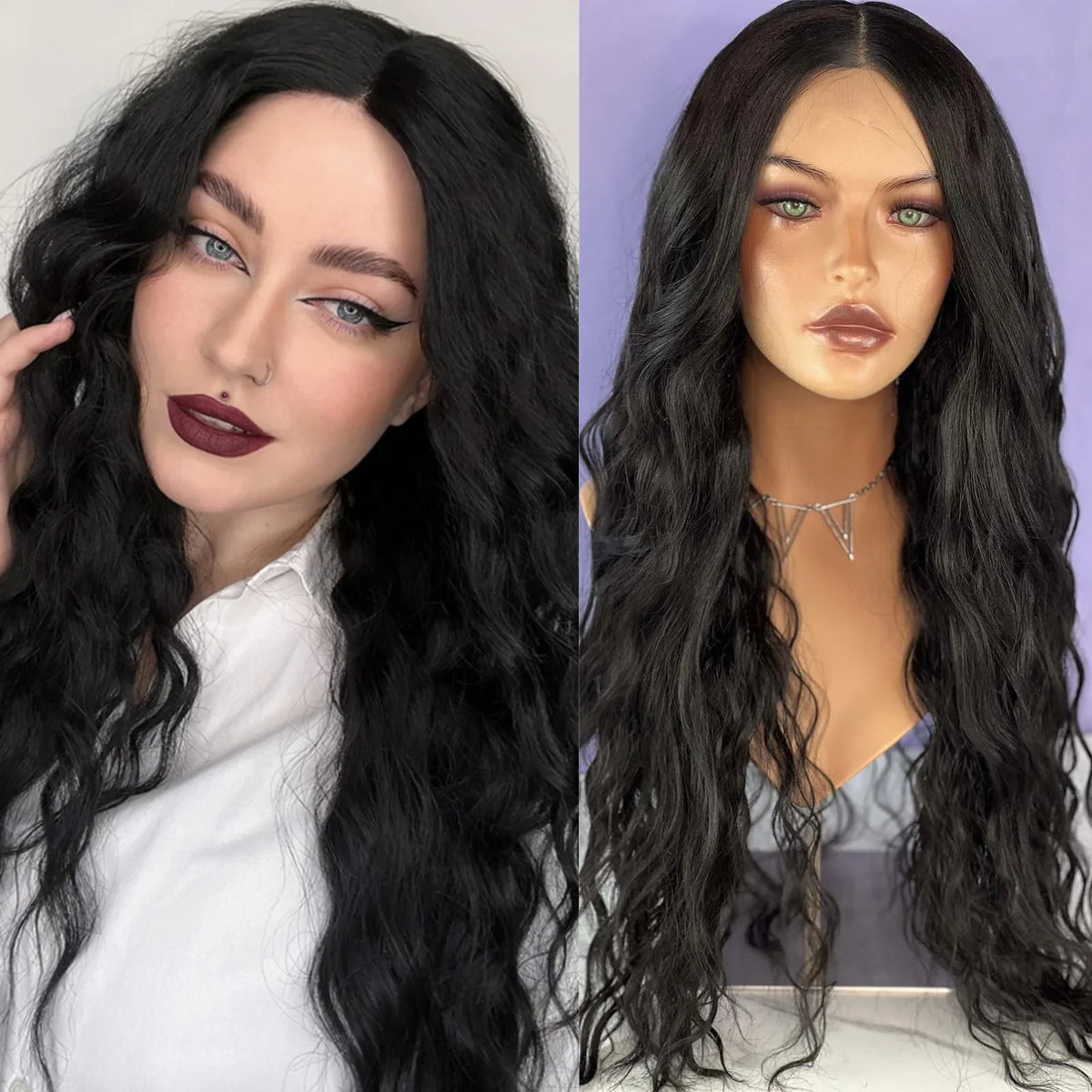 Qfdian 13X4 Black Curly Lace Wig Synthetic Lace Front Wig Wavy Long Black Hair Wig Natural Brunette Colored Lace Frontal Wigs for Women