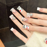 Qfdian  10Pcs Sweet Cool Pink Flower Design Fake Nails Duckbilled French Handmade Press on Nails Heavy Metal European False Nail Tips