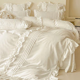 Qfdian  Korean Princess Style Lace Ruffles Bedding Set Solid Color Duvet Cover Set Flat/Fitted Bed Sheet Pillowcases With Pillowcases