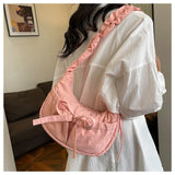 Qfdian Women Ins Casual Sweet Kawaii Bow Handbags Pleated Y2k Aesthetic Vintage Underarm Bag Fashion All Match Shoulder Crossbody Bags