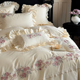Qfdian Rose Flowers Embroidery Lace Ruffles Luxury Bedding Set 1000TC Egyptian Cotton Duvet Cover Set Flat/Fitted Bed Sheet Pillowcases