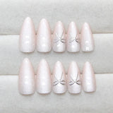 Qfdian  24Pcs Pink Almond Press-On Nails Glossy Sweety Heart Patterns False Nail Tips with Cat Eye, Mirror Disign for Women&Girls Wear