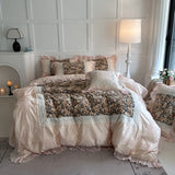 Qfdian  Vintage Floral Print Lace Ruffles Princess Bedding Set Egyptian Cotton Duvet Cover Bed Sheet Pillowcases