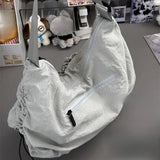 Qfdian  Y2k Aesthetic Vintage All Match Handbags Casual Women Drawstring Pleated Shoulder Bag Simple Streetwear Crossbody Bags Trendy