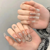 Qfdian  24pcs Floral Coffin Nails Set Press on Nails Cat Eye Fake Nails Butterfly Flower Design False Nails Wearable Manicure Nail Tips