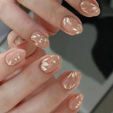 Qfdian 24Pcs Short Round Head Nails Set Press on Golden Edge French Design Fake Nails Tips Wearable Almond Full Cover False Nail Patch