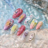 Qfdian  10pcs Handmade Press On Nails 3D Colorful Summer Sea Starfish Designs False Nail Patches For Women  Wearable Almond Fake Nails