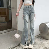 Qfdian  Korean Streetwear Casual Wide Leg Trousers Y2K Vintage High Waist Flare Jeans Women Fashion Bandage Slit Slim Denim Pants Summer