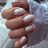 Qfdian 24Pcs Simple False Nails with Glue Short Almond Fake Nails Glitter Aurora Round Head Full Cover Nail Tips Oval Press on Nails