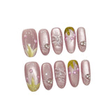 Qfdian  10pcs Crystal Butterfly Handmade False Nails Clear Transparent Purple Cat's Eye Fake Nail With Tulip Flower Press On Nail Almond