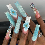 Qfdian  24Pcs Long Coffin False Nails Pink French Flowers Design Fake Nail with Butterfly Rhinestone Wearable Ballet Press on Nails
