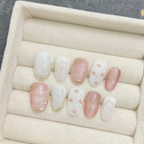 Qfdian  10Pcs Pink Handmade Press On Nails Cat's Eye Heart Design Fake Nails Short Round Head Woman Girls Wearable Manicure Nail Tips