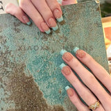 Qfdian 10pcs Handmade French False Nails Short Fake Nails Press on Blue Edge Design Wearable Simple Ins Nail Manicure Nail Tips