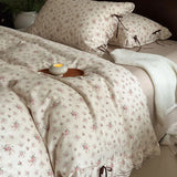 Qfdian 100% Cotton Pastoral Floral Print Ruffles Bow Princess Bedding Set Queen King Duvet Cover Set Bed Sheet/Fitted Sheet Pillowcases