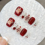 Qfdian  10pcs 3D Red Cherry Christmas Handmade Press on Nails Christmas Tree Full Cover Nail for Women&Girls Removable Wearable Nail Art