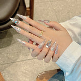 Qfdian Handmade Press on Nails Shiny Pink Cat Eye Fake Nails for Women Girl Wearable Glitter Full Crystal Design False Nail Tips